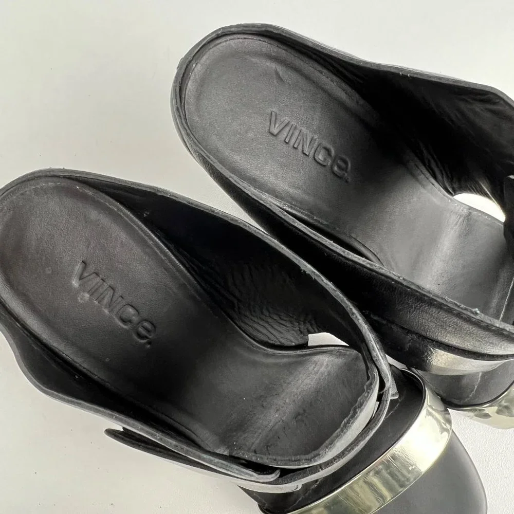 Vince Karima Wedge Mule Slide Sandals Black Leather Silver Detail size 8.5